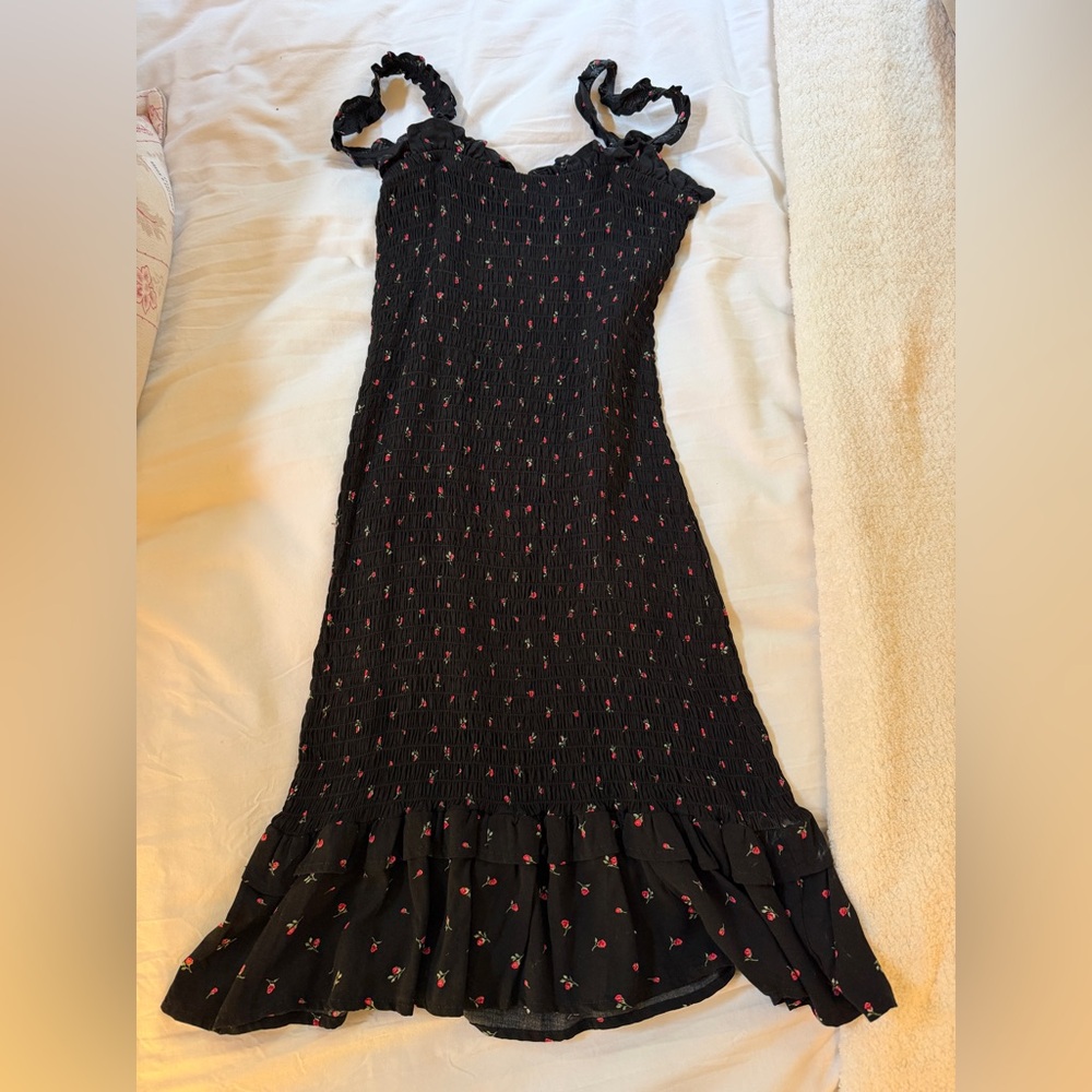 Nordstrom Black Smocked Maxi Dress with Pink Floral Print